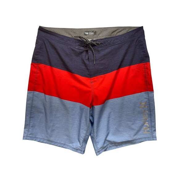 Hurley Mens Colorblock Board Shorts Size 38 Red Blue Drawstring Beach Swimwear - Picture 1 of 11